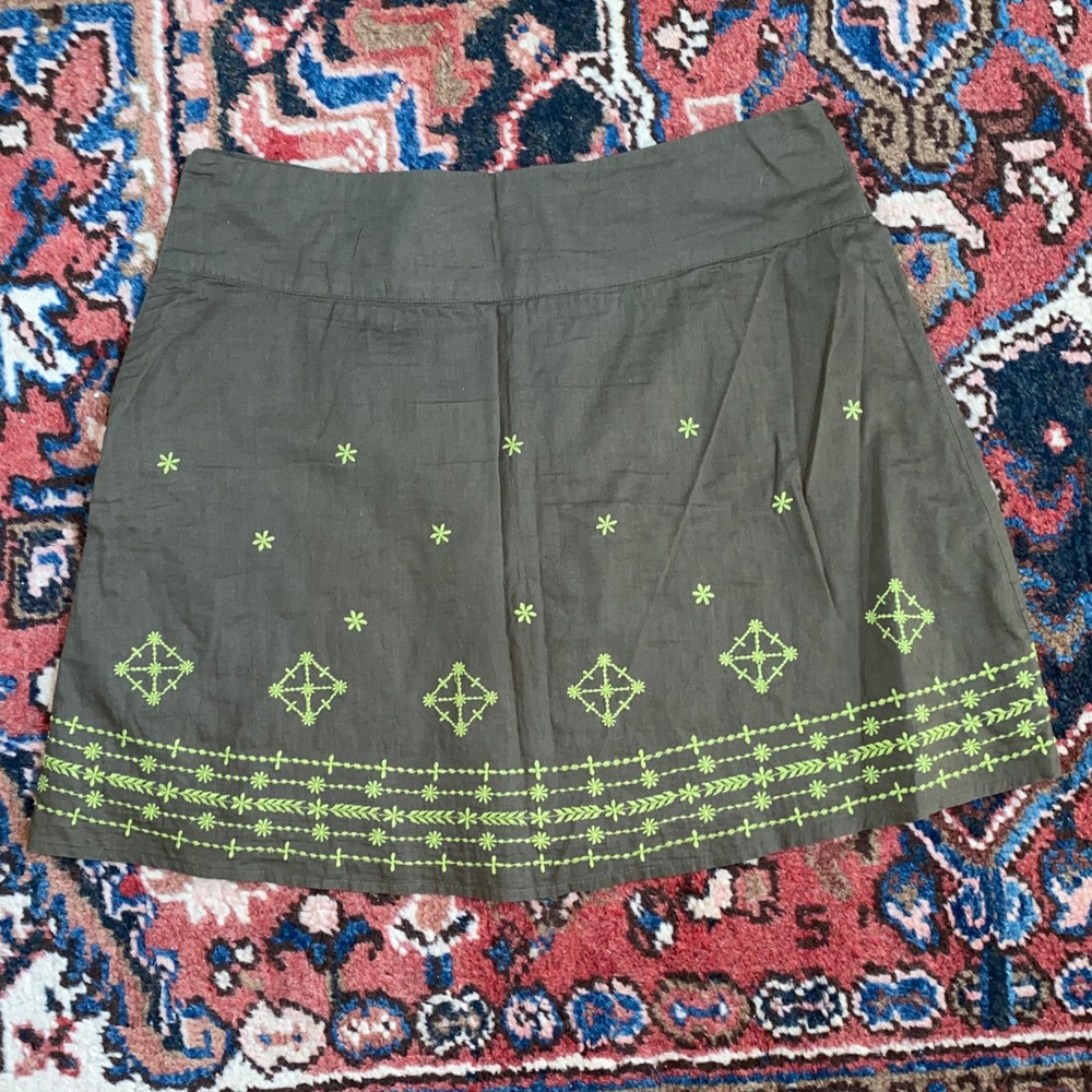 Prana Mini Skirt Women 4 Green/Brown Embroidered Cotton Boho Gorpcore